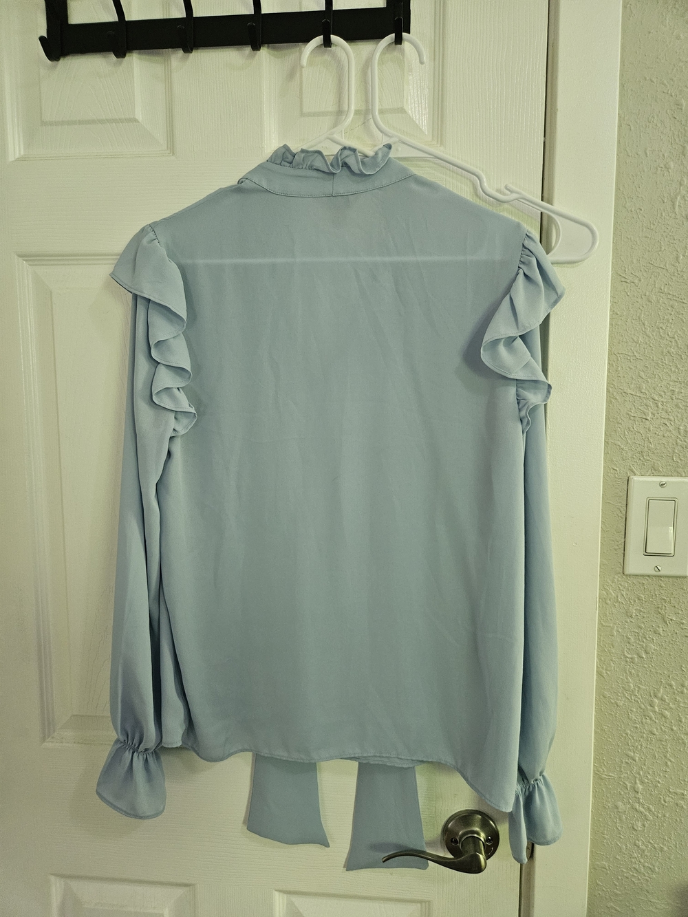 Ruffled Tie-Neck Long Sleeve Blouse - Light Blue - Picture 2 of 8